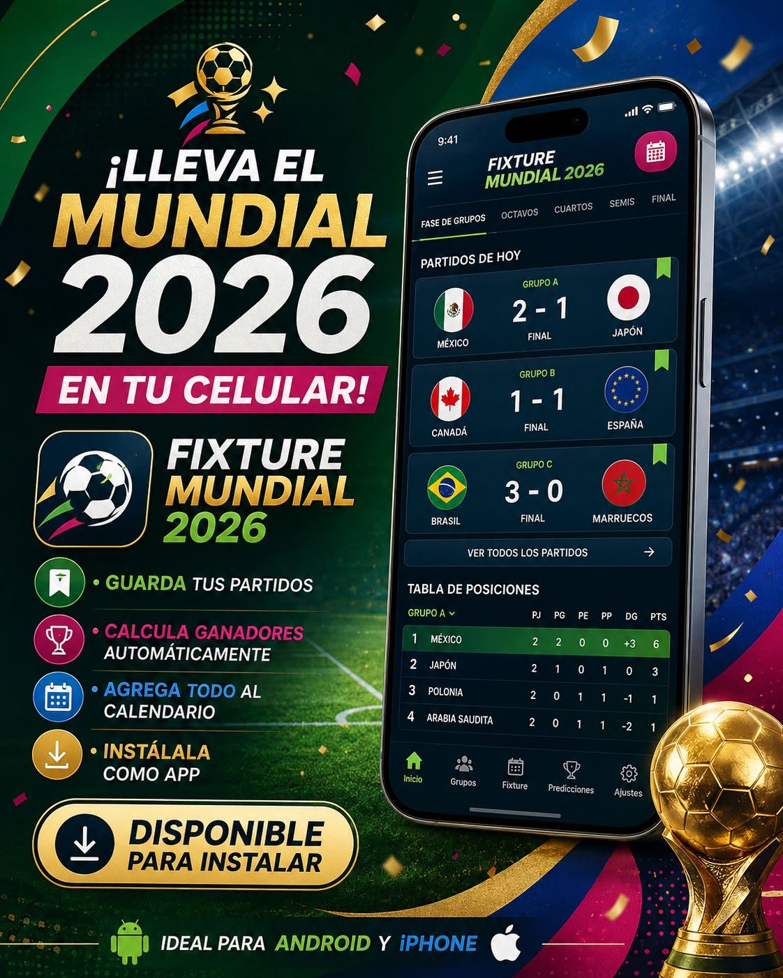 Fixture Mundial 2026 con calendario de partidos, grupos y predicciones